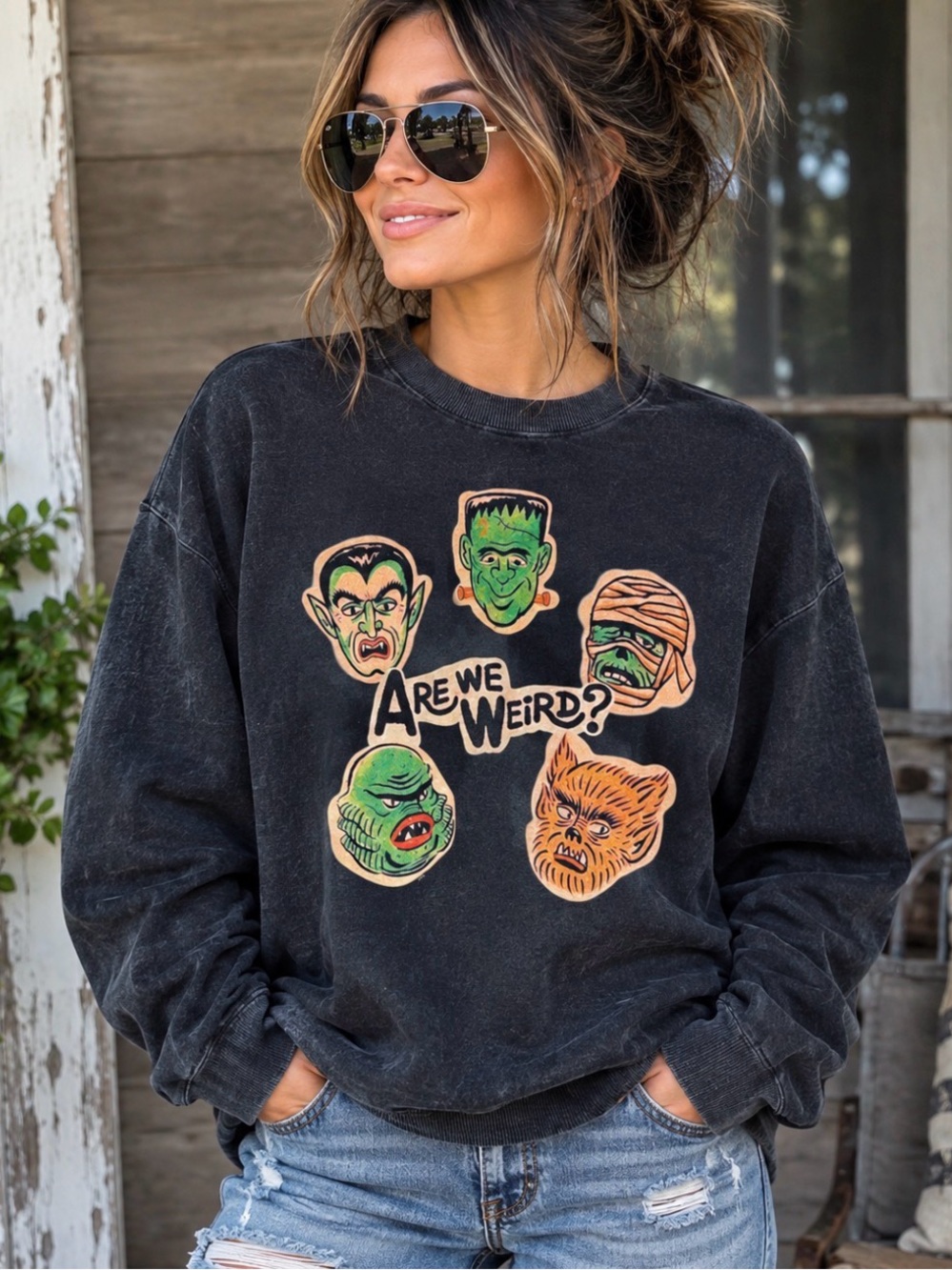Black Graphic 'Are We Weird?' Monster Crewneck Sweatshirt